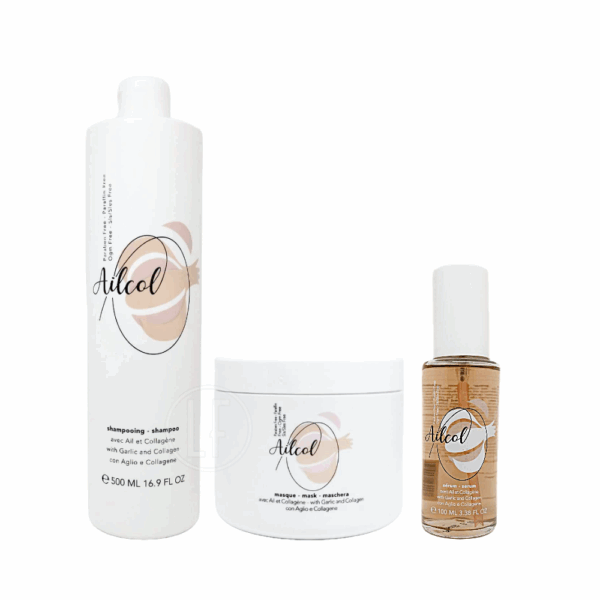 Ce pack Ailcol régénérant de routine capillaire est composé de 3 produits : un shampooing sans sulfates 500 ml, un masque 500 ml et un sérum 100 ml.